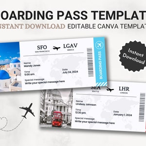 Editable Boarding Pass Template, Printable Airline Ticket, Plane Boarding Pass Surprise Trip, Digital Download DIY Boarding Ticket, Canva