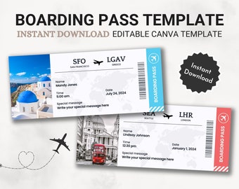 Editable Boarding Pass Template, Printable Airline Ticket, Plane Boarding Pass Surprise Trip, Digital Download DIY Boarding Ticket, Canva