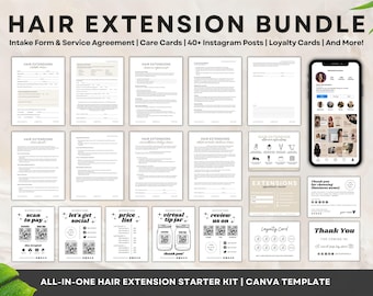 Hair Extension Forms, Editable Hair Extensions Intake Consent Consultation, Hair Stylist Salon Care Cards, Instagram Posts Canva Template