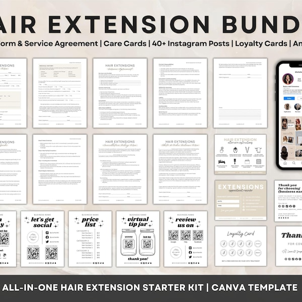 Formulaires d'extension de cheveux, consultation de consentement d'admission d'extensions de cheveux modifiables, cartes de soins de salon de coiffure, modèle Canva de messages Instagram