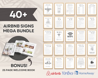 Plantilla de paquete de letreros de Airbnb Letreros de señalización de Airbnb para alquiler de letreros de WiFi en el hogar Libro de bienvenida de Airbnb Lista de salida Señales simples de anfitrión de Airbnb Canva