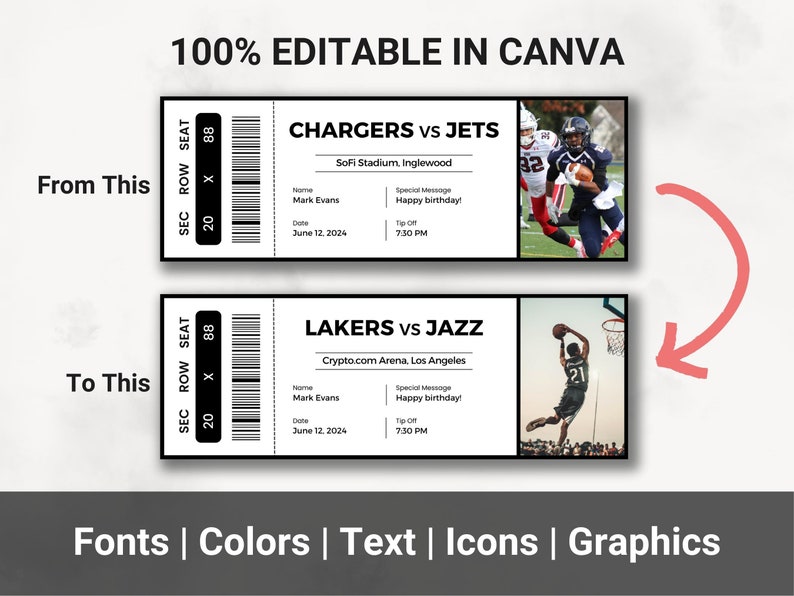 Editable Sports Ticket Template DIY Sporting Ticket Custom Etsy