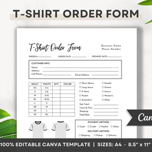 Editable T-shirt Order Form, Printable Shirt Order Form, Editable Small ...