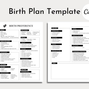 May include: A black and white printable birth plan template with the text "Birth Plan Template" and "Made in Canva" at the top. The template includes sections for details, birth preference, after birth, feeding, additional preference, circumcision, and if cesarean is necessary.