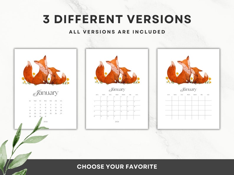 Printable Calendar 2024 Cute Animal Watercolor Portrait Etsy