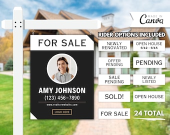 Real Estate Yard Sign Template, Realtor For Sale Sign, Open House Property Sign, Home Sold Sign, Property Agent Sign Rider, Canva Template