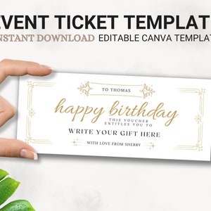 Boleto dorado de evento editable, boleto de evento imprimible, vale de cumpleaños impreso en casa, vale de regalo digital, plantilla Canva de boleto sorpresa