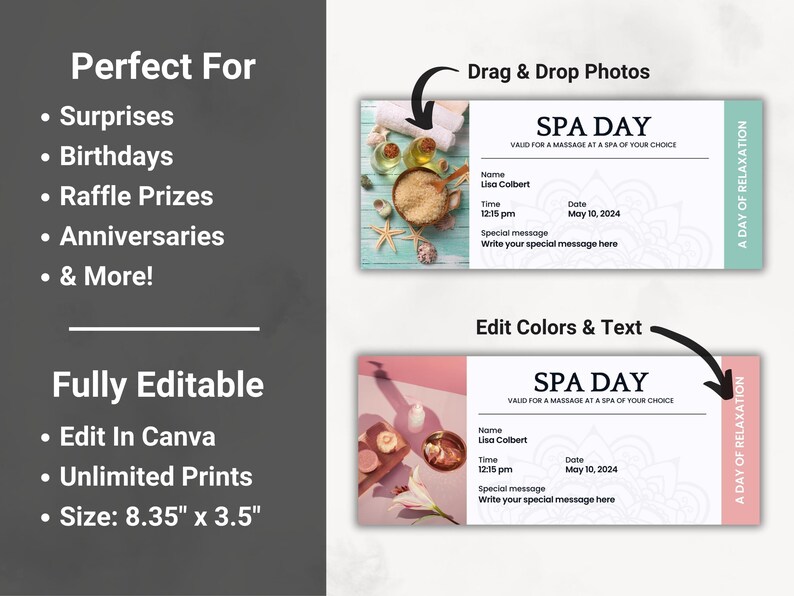 Editable Spa Day Voucher Personalized Massage Coupon Printable Gift