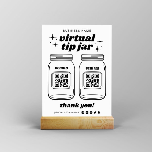 Printable Virtual Tip Jar Venmo Payment Sign, Cash App QR Code Sign Template DIY Editable Tips Accepted Sign Instant Download Canva Template