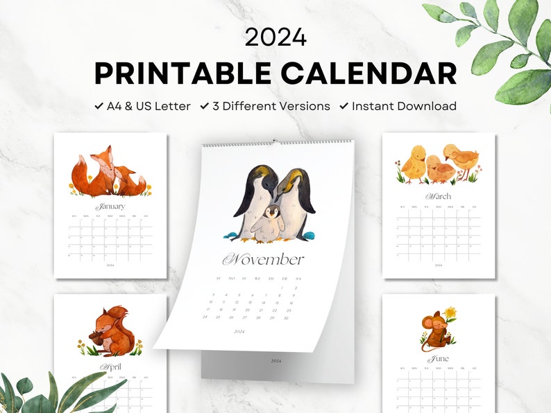 Printable Calendar 2024 Cute Animal Watercolor Portrait Etsy