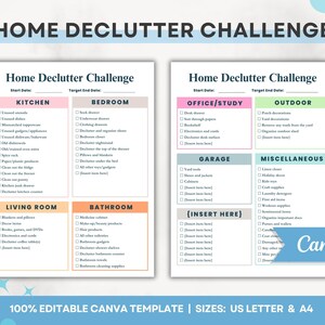 Puede incluir: Una lista de verificación imprimible para un desafío de limpieza de la casa. La lista de verificación está dividida en 10 categorías: Cocina, Dormitorio, Oficina/Estudio, Exterior, Garaje, Miscelánea, Sala de estar, Baño y dos categorías etiquetadas como "[Insertar aquí]". Cada categoría tiene una lista de artículos para limpiar.
