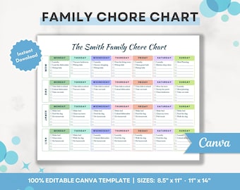 Editable Family Chore Chart, Printable Weekly Chore List, Adults Chore Chart, Kids Cleaning Schedule, DIY Cleaning Planner Checklist, Canva