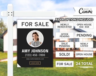 Real Estate Yard Sign, For Sale Yard Sign, Customizable Real Estate Marketing Signage, Realtor Sign Rider, Modern Sold Sign Canva Template