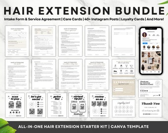 Hair Extension Business Forms, Editable Hair Extensions Intake Consent Consultation, Hair Stylist Care Cards, Instagram Posts Canva Template