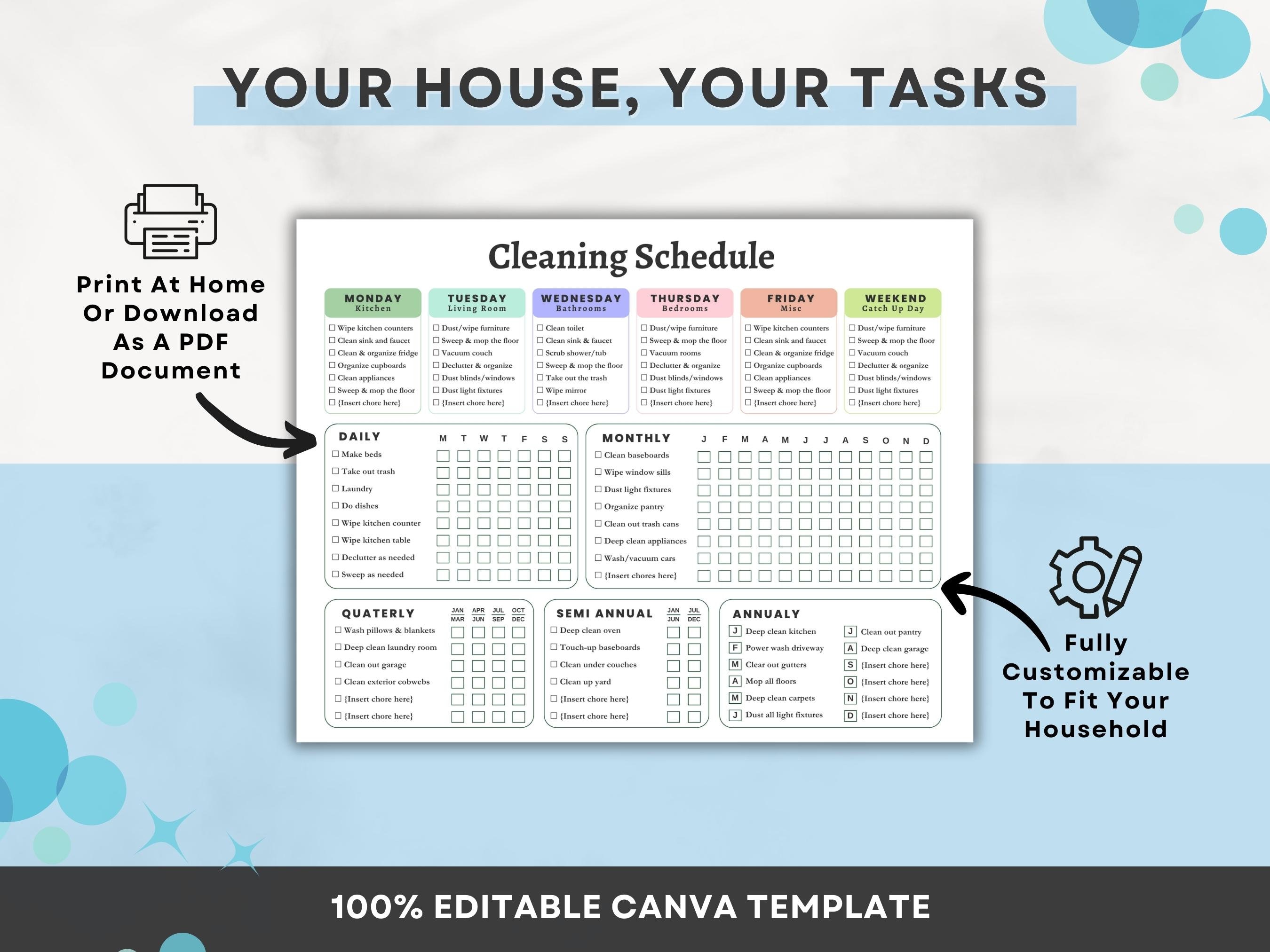 Editable Cleaning Schedule Printable Weekly Monthly Yearly Cleaning ...