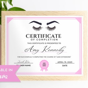 Lash Certificate Of Completion Editable Template, Printable Lash Extension Certificate, Lash Course Certificate, Beauty Award Canva Template