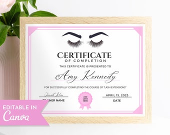 Modèle modifiable de certificat d'achèvement de cils, certificat d'extension de cils imprimable, certificat de cours de cils, modèle Canva de récompense de beauté