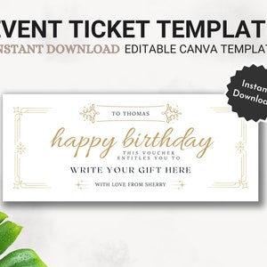 Boleto dorado de evento editable, boleto de evento imprimible, vale de cumpleaños impreso en casa, vale de regalo digital, plantilla Canva de boleto sorpresa