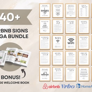 Szablon zestawu znaków Airbnb Znaki Airbnb do wynajmu domu Znak Wi-Fi Airbnb Witamy Zarezerwuj listę do sprawdzenia Gospodarz Airbnb Proste znaki Canva