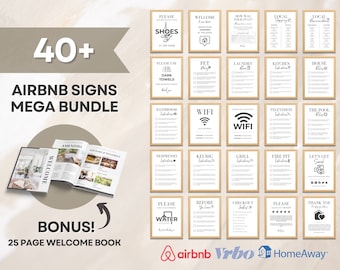 Plantilla de paquete de letreros de Airbnb Letreros de señalización de Airbnb para alquiler de letreros de WiFi en el hogar Libro de bienvenida de Airbnb Lista de salida Señales simples de anfitrión de Airbnb Canva