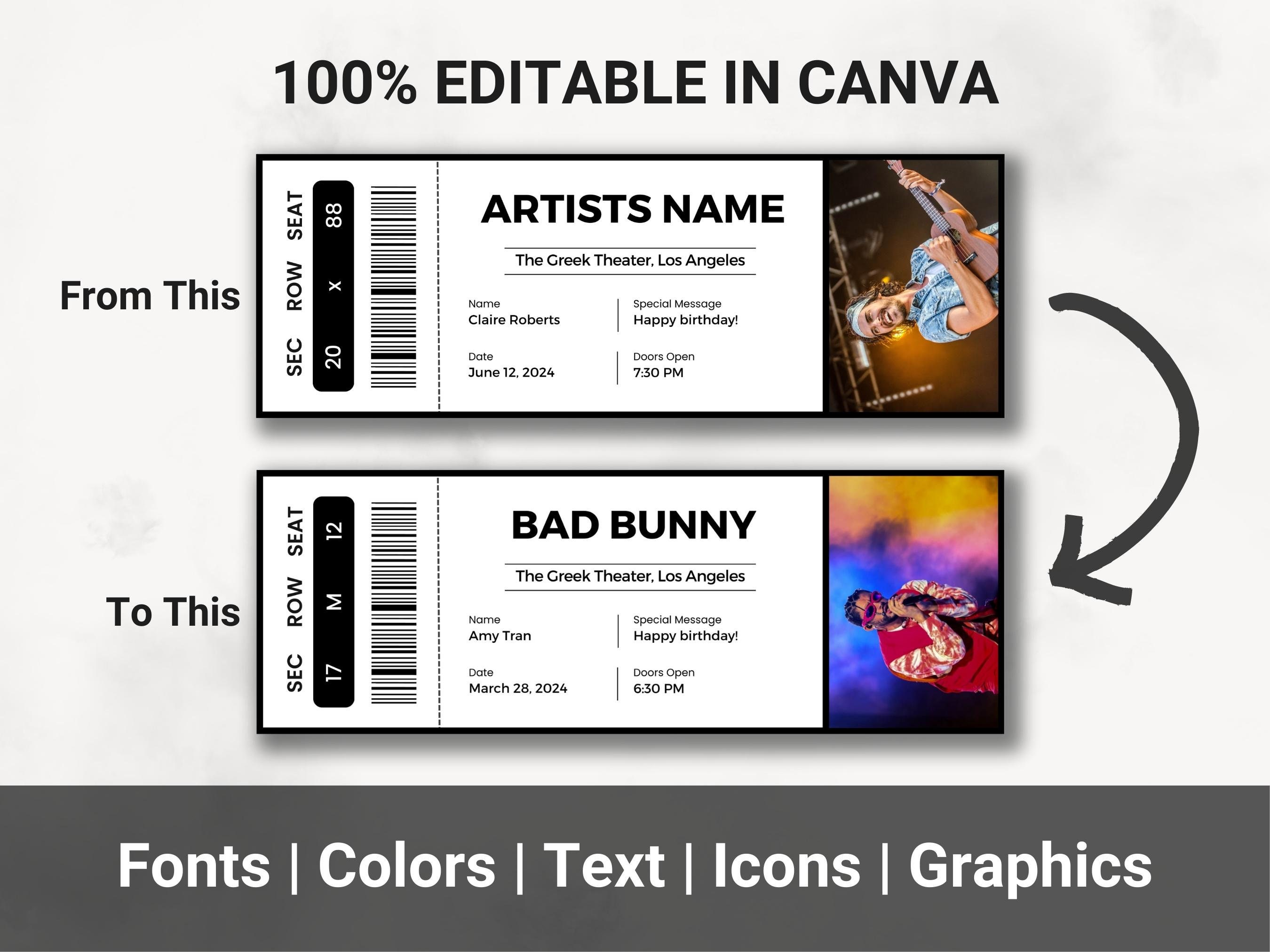 Editable Concert Ticket Template, DIY Event Ticket, Custom Concert ...