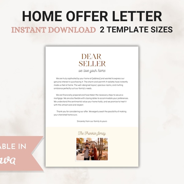 Editable Home Offer Letter Template, Letter To Seller, Printable Home Buyer Offer Letter, Dear Seller Letter, House Offer Canva Template