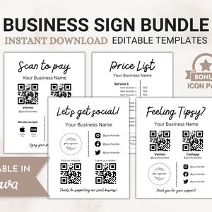Business Sign Templates Bundle, Custom QR Code Sign, Printable Social Media Sign, Instagram Facebook Follow Us Sign, Scan to Pay Sign, Canva