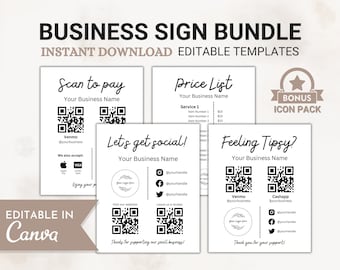 Paquete de plantillas de letreros comerciales, letrero de código QR personalizado, letrero de redes sociales imprimible, letrero de Síguenos en Facebook de Instagram, letrero de escaneo para pagar, Canva
