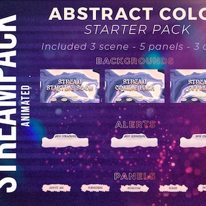 Peut inclure: Pack de diffusion Twitch animé avec des arrière-plans, des panneaux et des alertes de couleur abstraite. Les arrière-plans présentent un design marbré violet et rose avec le texte "Stream Starting Soon", "Stream Coming Back" et "Stream Offline". Les panneaux comprennent "About Me", "Subscribe", "Donations", "Twitter" et "Social Media". Les alertes comprennent "New Follower", "New Subscriber" et "New Chat".