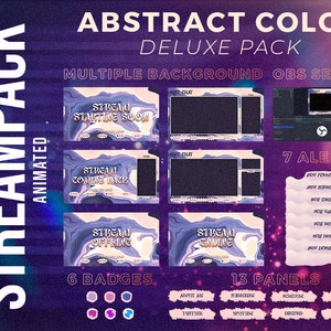 May include: Animated Twitch stream overlay pack with abstract color backgrounds. The pack includes 13 panels, 6 badges, 7 alerts, and 2 chat boxes. The overlays feature a purple and pink color scheme with a galaxy-like design.