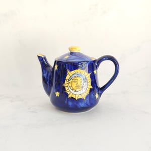 Vintage Hand Painted Moon Sun & Stars Celestial Cobalt Blue Small Teapot Made in Spain