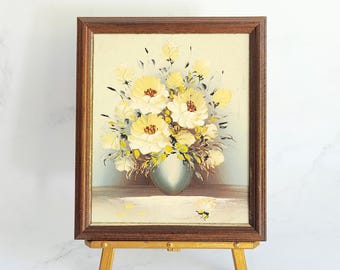 Framed Vintage Original Painting of White Cream Yellow Flowers