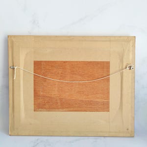 May include: Back of a framed artwork. The frame is a light tan color, with a wooden backing. A piece of light brown wood is centered on the back. A string is strung across the back for hanging.