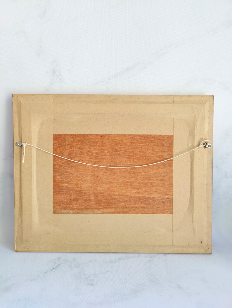 May include: Back of a framed artwork. The frame is a light tan color, with a wooden backing. A piece of light brown wood is centered on the back. A string is strung across the back for hanging.