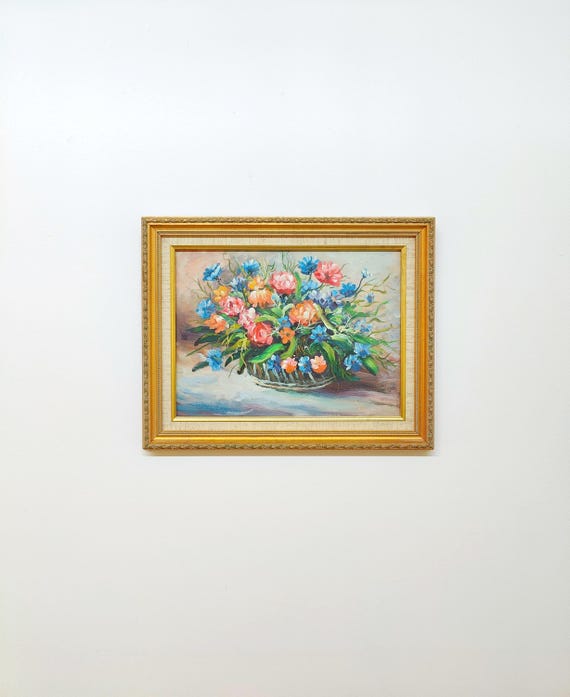 Vintage Framed Large Original Painting of Colourful Bouquet of Flowers