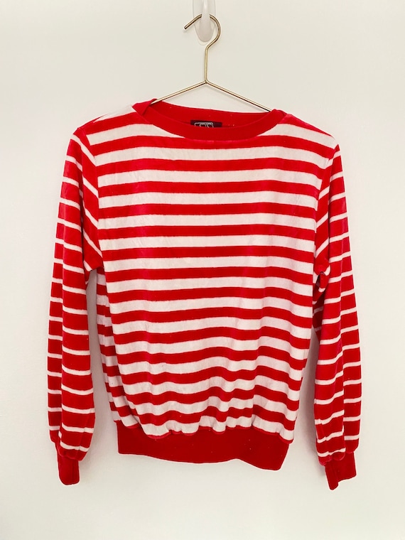 Vintage Women's Red and White Striped Velour Jerse