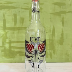 LE VIN Vintage French Wine Glass Bottle With Porcelain Stopper; Art Nouveau.