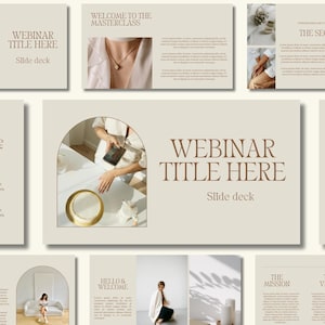 May include: A collection of beige and brown webinar slide decks. The central slide reads "WEBINAR TITLE HERE" with "Slide deck" below. Other slides include text like "WELCOME TO THE MASTERCLASS" and "THE SECRET".
