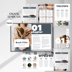 Peut inclure: Un modèle de livre numérique avec un thème gris et blanc. Le modèle comprend une page de couverture avec une photo d'une personne tenant un arrangement de fleurs séchées, une page de titre avec le texte "Titre du livre" et "Par Votre Nom", une table des matières et une page de chapitre avec le texte "01 Chapitre".