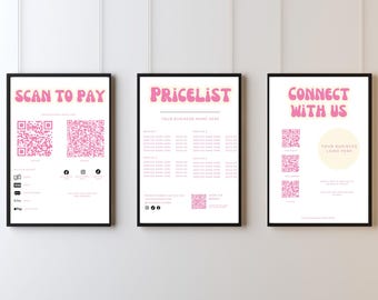 QR Code Sign For Small Business, Payment Sign,  Canva Template Editable, Price List Template and Scan To Pay Sign Template, Connect With Us