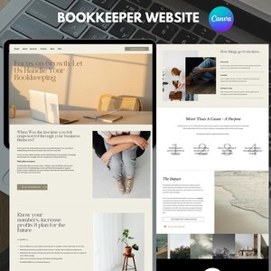 Op de afbeelding: Een website-mockup voor een boekhouddienst. De website heeft een lichtbeige achtergrond met tekst die "Focus on Growth: Let Us Handle Your Bookkeeping." en "When Was the last time you felt empowered through your business finances?" luidt. De website toont ook een foto van een persoon die op een stoel zit met gekruiste benen. De website toont ook een foto van een plant in een pot op een houten kruk.