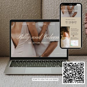 May include: A laptop and smartphone displaying a wedding website. The laptop screen shows "Billy and Coleen ARE GETTING MARRIED." The smartphone shows a countdown timer. A QR code is visible below the laptop, with the text "SCAN TO VIEW THE LIVE DEMO."