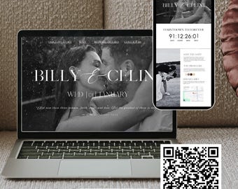 Szablon strony internetowej na ślub, eleganckie i proste zaproszenie ślubne Canva, RSVP online, odliczanie do ślubu, interaktywne zaproszenie na stronę internetową Canva