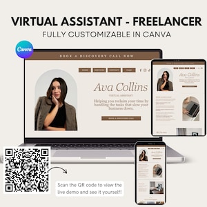 May include: A laptop, tablet, and smartphone showcase a website design for a virtual assistant, Ava Collins. The design is fully customisable in Canva. A QR code is included to view a live demo.