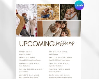 Prisguide för fotografer Canva-mall för kommande sessioner, kalenderkort för mini-sessioner, marknadsföringstavla för fotografering