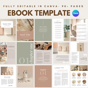 Może przedstawiać: Cyfrowy szablon e-booka o minimalistycznym wyglądzie. Szablon zawiera neutralną paletę kolorów: beżowy, brązowy i biały. Szablon zawiera spis treści, strony rozdziałów i stronę powitalną. Tekst "FULLY EDITABLE IN CANVA - 90+ PAGES" i "EBOOK TEMPLATE" jest wyświetlany u góry obrazu.