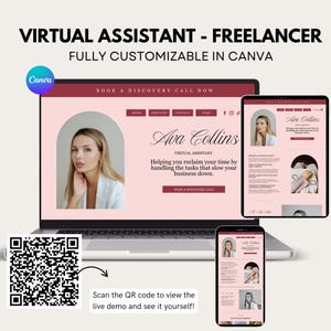 Puede incluir: Un portátil, una tableta y un smartphone muestran un diseño de sitio web para una asistente virtual llamada Ava Collins. El diseño presenta un esquema de color rosa y blanco con el texto "Virtual Assistant - Freelancer" y "Fully Customizable in Canva".