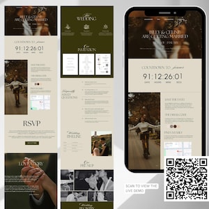 Puede incluir: Un diseño de sitio web de boda que se muestra en un teléfono inteligente e impresiones. El sitio web presenta una cuenta regresiva, RSVP y detalles de la boda. La combinación de colores es neutra con imágenes de la pareja. El texto dice "Billy & Celine se casan". También es visible un código QR.