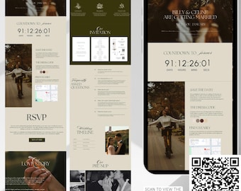 May include: A wedding website design displayed on a smartphone and printouts. The website features a countdown, RSVP, and wedding details. The color scheme is neutral with images of the couple. The text reads "Billy & Celine are getting married". A QR code is also visible.