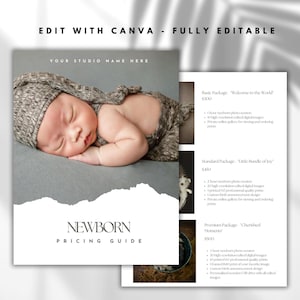 Newborn Photography style Guide magazine CANVA Template, Pre-written Newborn Welcome Guide CANVA Template, price list template